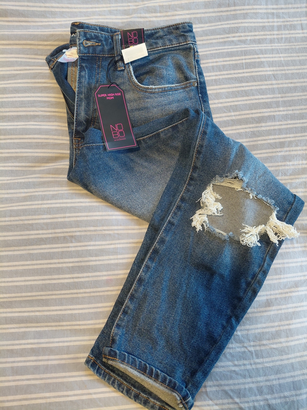 NOBO Women's Super High Rise Distressed Blue Jeans